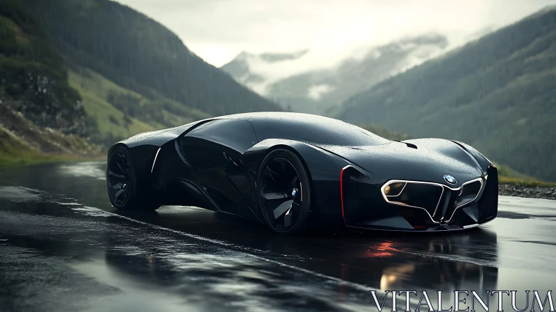 Futuristic BMW supercar gleams on a rainy mountain road.
