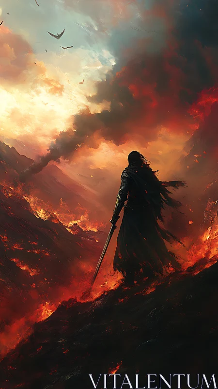 Armored swordsman surveys volcanic battlefield under turbulent sky