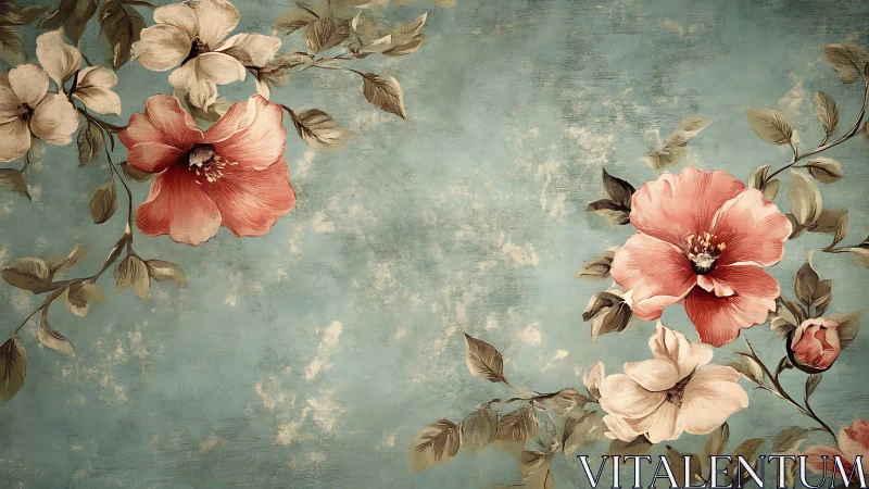 Vintage floral illustration on textured teal background surface