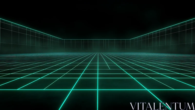 Neon grid corridor recedes in single-point perspective with volumetric fog