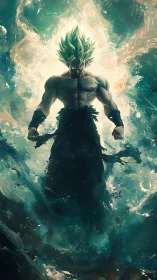 Energy-charged warrior rises from swirling teal cosmos