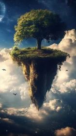 Isolated floating landmass with single mature tree above clouds.
