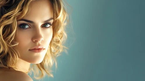 Photorealistic soft-portrait headshot with teal negative space.