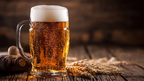 Draft lager in dimpled glass mug on rustic brewhouse table