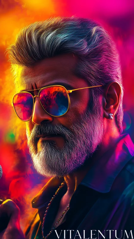 Neon lit portrait renders silver haired man in saturated bokeh haze