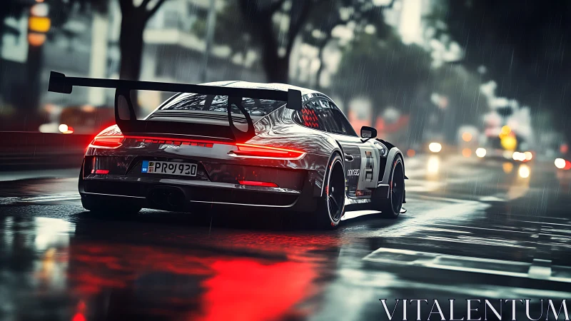 Sleek race car glowing on a rainy evening city street.