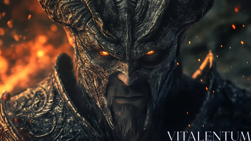 Infernal horned warlord in molten armor with ember eyes.
