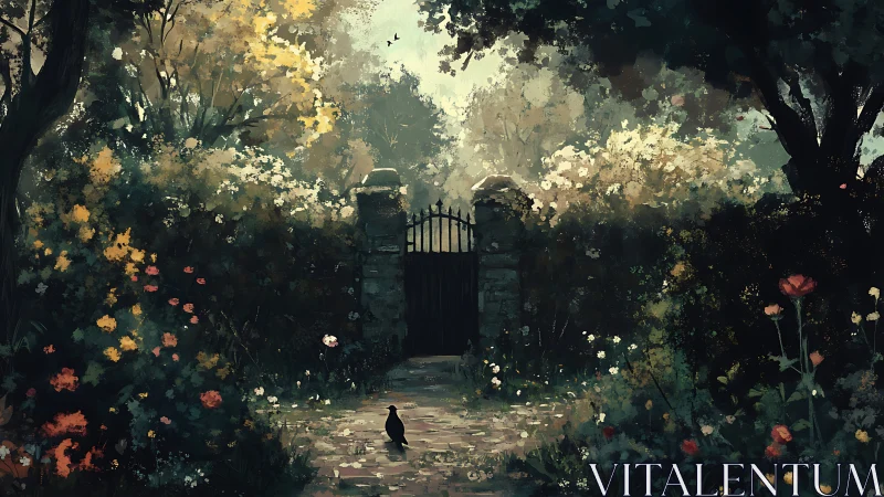 Secret garden gate beneath dappled woodland light.