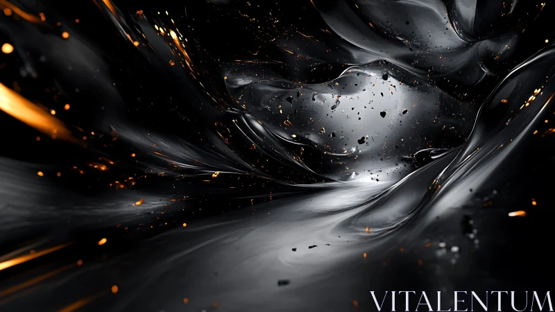 Metallic fluid tunnel with suspended glowing particles.