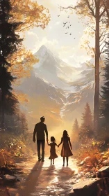Golden mountain walk with family in gentle autumn light.