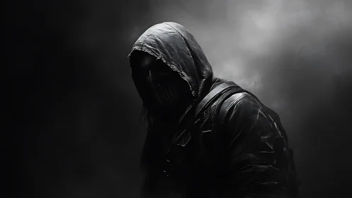 Hooded masked figure emerges from chiaroscuro cyber-noir haze