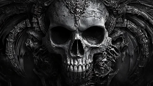 Baroque infernal skull emerging from ornate darkness.