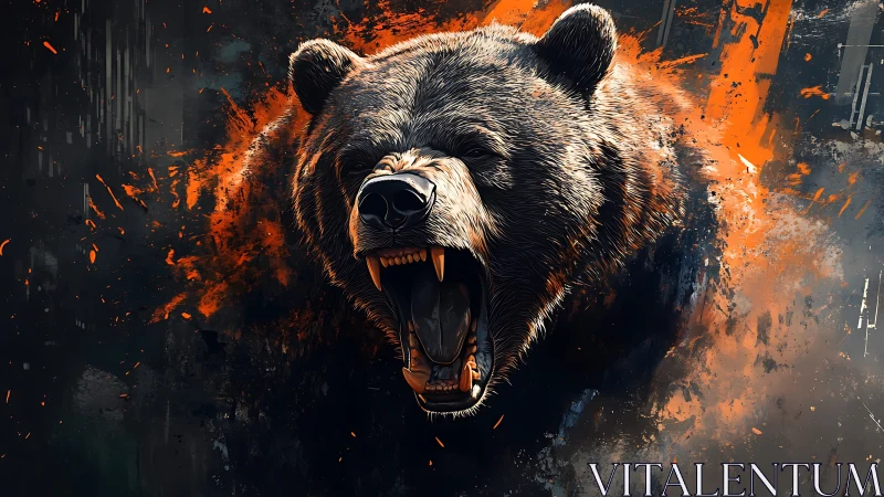 Roaring ember-clad grizzly rips through splattered twilight