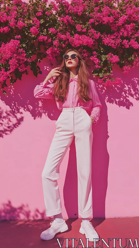 Pink street fashion under vivid bougainvillea wall bloom.