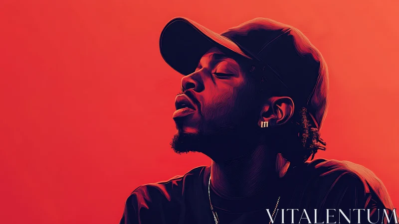 Side profile digital portrait of man in cap on red.