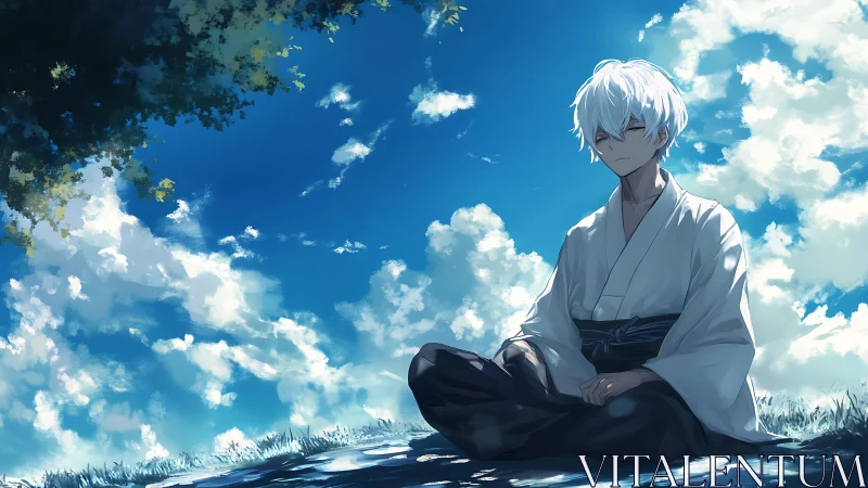 White-haired monk meditates under luminous summer sky.