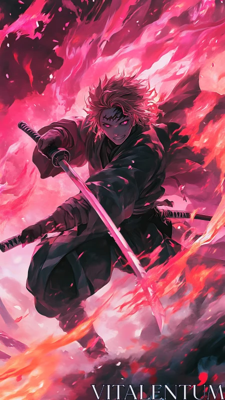 Flaming swordsman charges through crimson inferno storm.