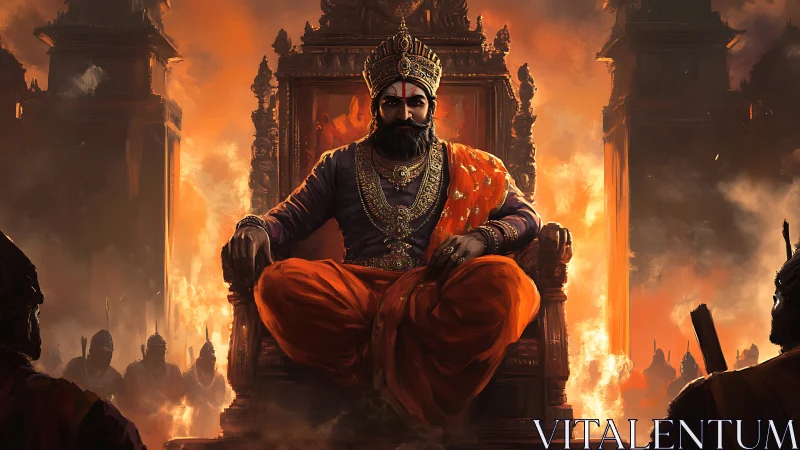 Imperial warrior king enthroned amid blazing citadel ruins.