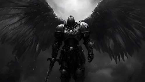 Dark winged knight descends through stormlit monochrome sky