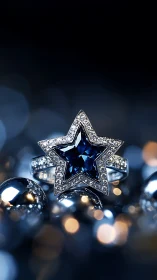 Star-shaped sapphire and diamond ring on reflective surface.