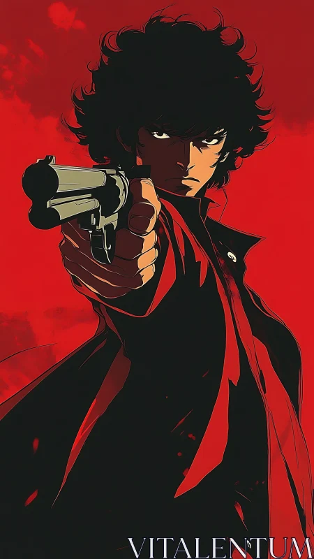 Ballistic perspective on-axis gunslinger under red void.