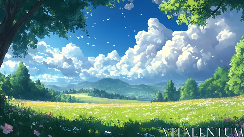 Luminous meadow panorama in expansive anime landscape style.