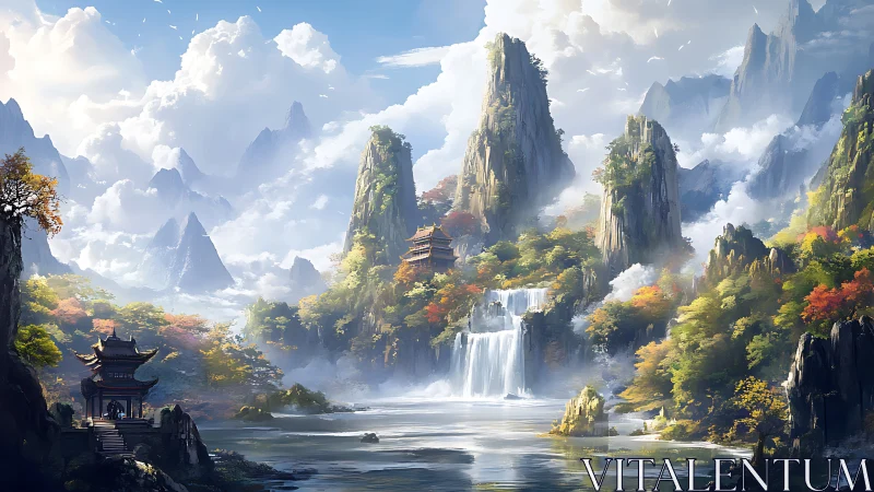 Misty mountain temples above waterfall in lush valley.