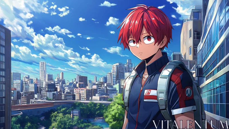 Red haired student pausing on a bright city rooftop walk.