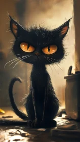 Midnight mischief cat with ember eyes in dusty glow.