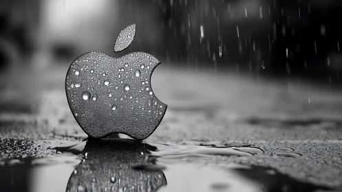 Metallic tech emblem under cinematic monochrome rainfall.