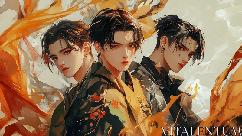 Triptych composition presents three stylized male figures