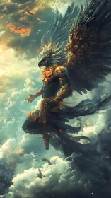 Winged humanoid avian figure in ornate armor above clouds.