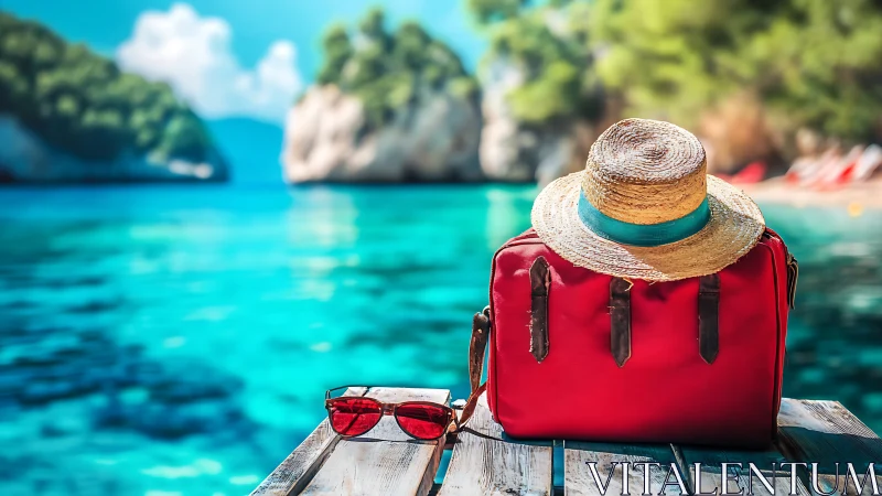 Red travel bag with hat on pier beside clear blue water.