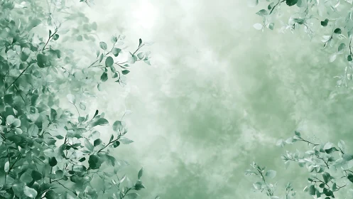 Soft green foliage frames misty pastel botanical sky.