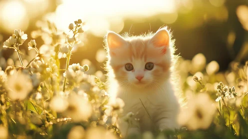 Golden Hour Portrait: Cream-Colored Kitten Among Soft Bokeh Wildflowers