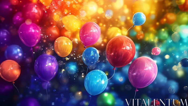 Vibrant glossy party balloons float in glowing bokeh field.