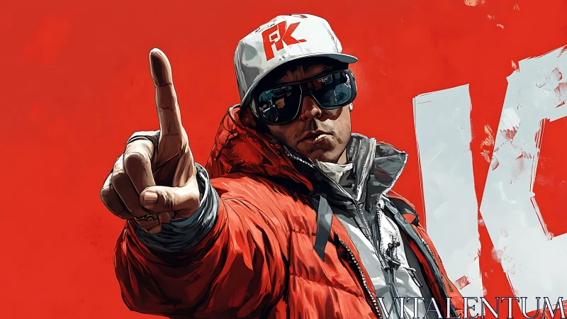 Streetwear icon points forward against bold red field.