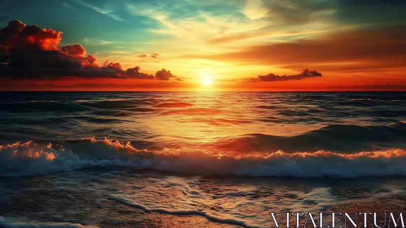 Sunset illuminates turbulent ocean waves with vivid color