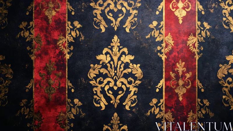 Ornamental gold damask pattern on red and dark background.