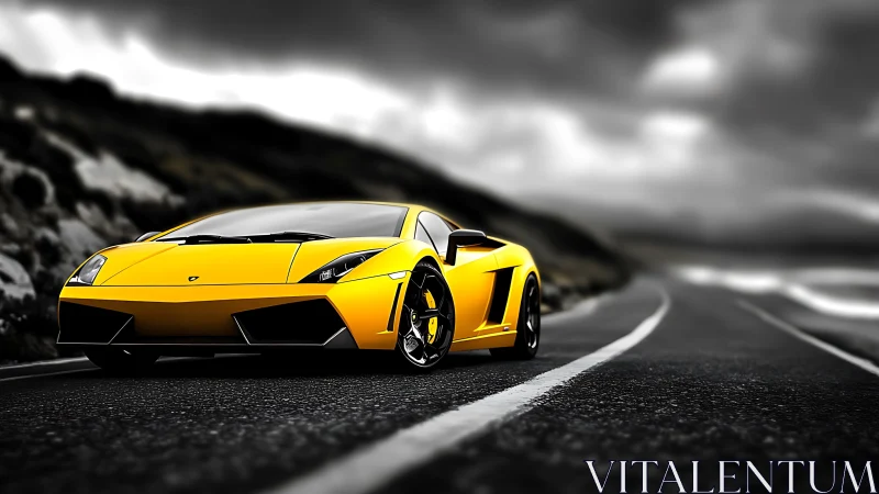 Golden sports car glows warmly against a stormy coastal road