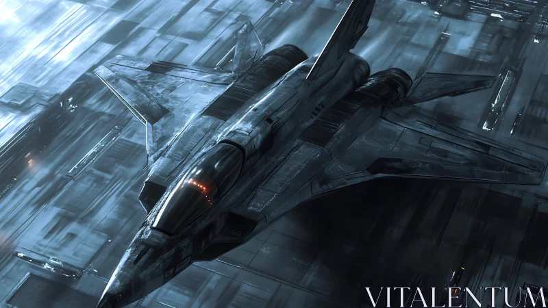 Stealth starfighter prowls a rain-slicked metallic runway night.