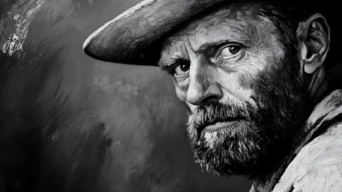 Weathered cowboy portrait in dramatic monochrome oil texture.