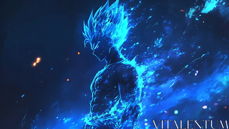 Energetic blue aura warrior silhouette in dynamic side profile