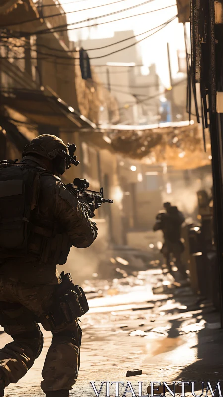 Armed soldiers move through narrow urban alley under harsh light