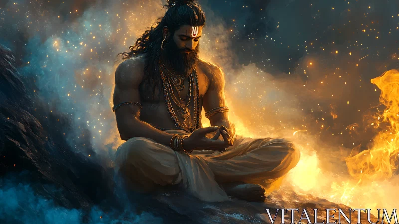 Ascetic yogi in meditative fire aura rendered as digital painting