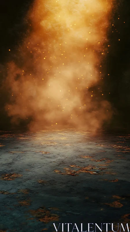 Rusty stone floor under glowing orange smoke cloud.