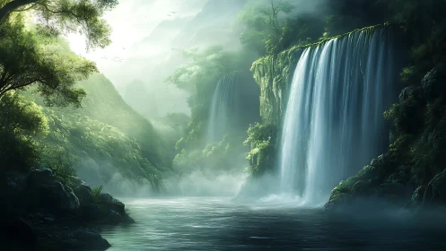 Misty river valley with twin waterfalls and dense foliage.