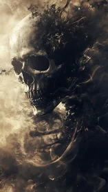 Eroded skull dissolves into smoky tendrils and abstract debris