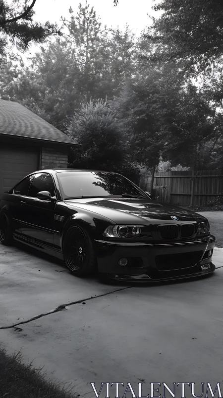 Black BMW coupe parked on residential driveway outdoors.