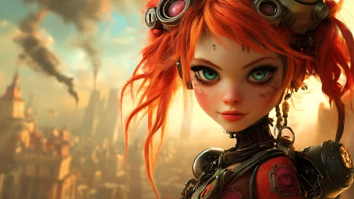 Steampunk android girl with oversized teal eyes surveys smog cityscape